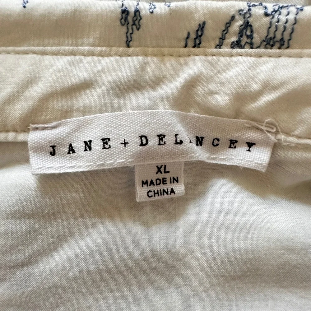 Anthropology Jane + Delancey Paris City Print Button Down Shirt White Blue Sz XL